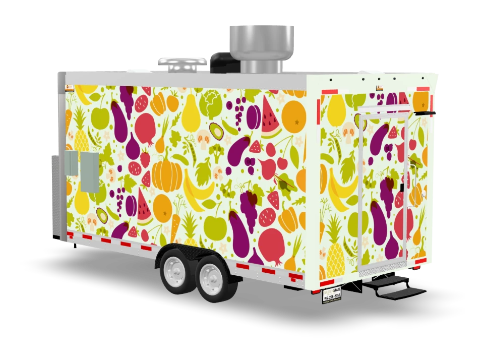 Vegetarian Food Trailer with custom wrap, front view, Golden State Trailers