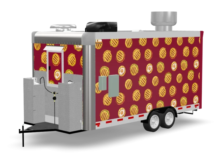 Venezuelan Arepa Food Trailer with custom wrap, rear view, Golden State Trailers