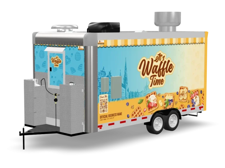 Waffle Food Trailer with custom wrap, rear view, Golden State Trailers