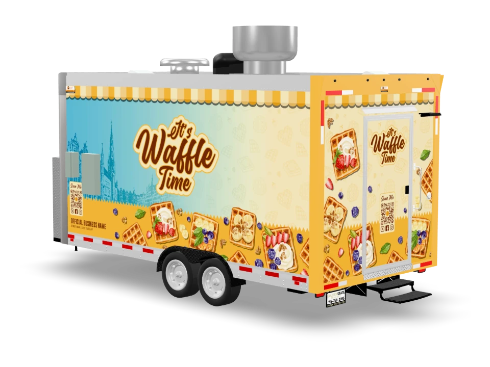 Waffle Food Trailer with custom wrap, front view, Golden State Trailers