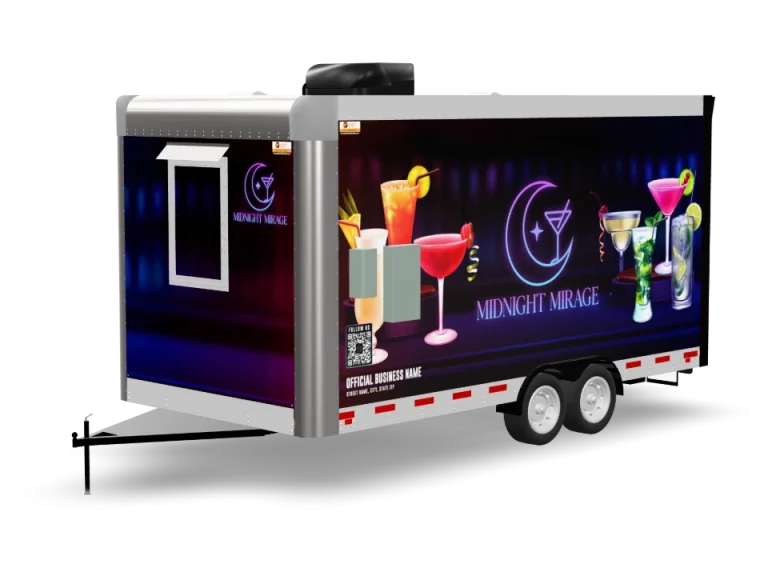 Wine Bar Food Trailer with custom wrap, rear view, Golden State Trailers