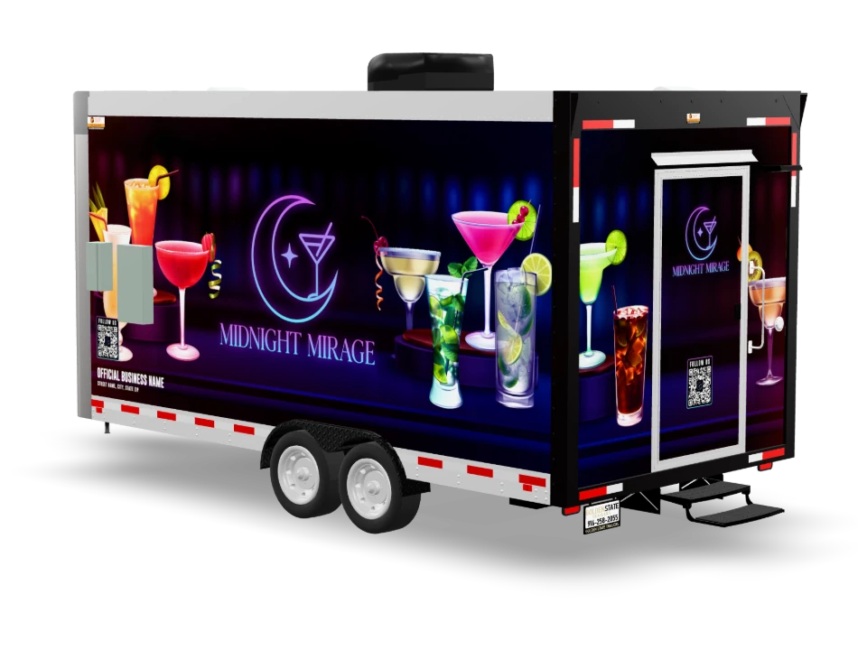 Wine Bar Food Trailer with custom wrap, front view, Golden State Trailers