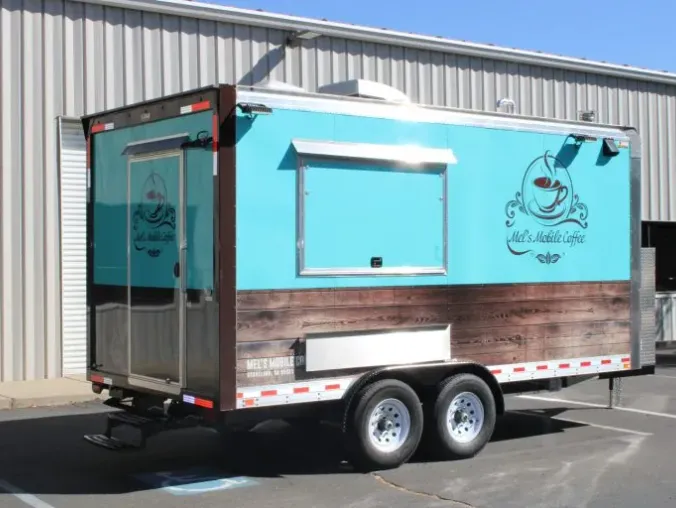 Mel’s Mobile Coffee: American Coffee 16ft food trailer wrap design