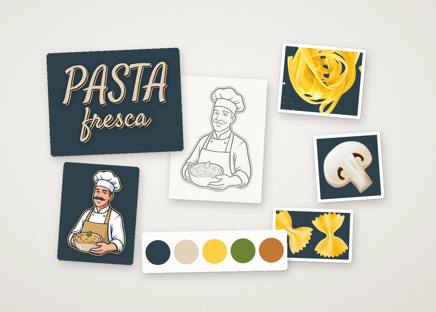 Brand logo, color swatches and reference images for a food trailer wrap